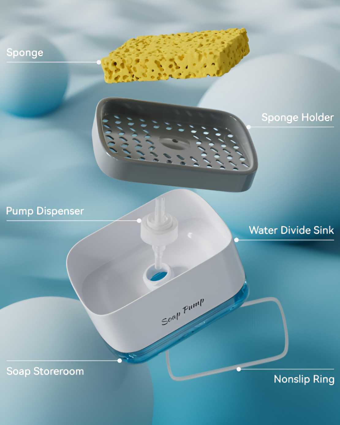 Dispenser Detergent de Vase 2 in 1, Suport de Burete, 350ml, Alb, Compact, Neo™