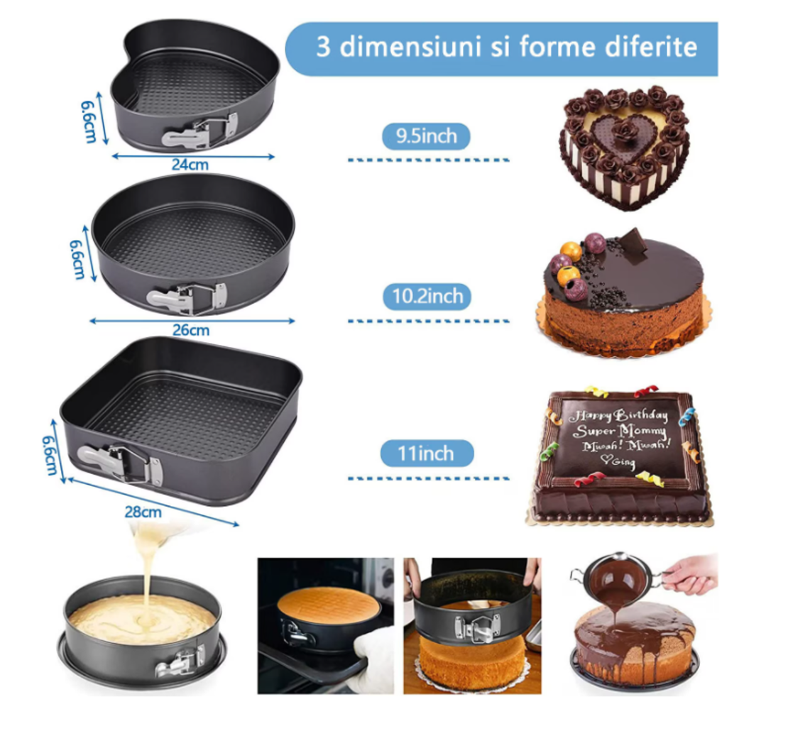 Set 3 Tavi pentru Copt, Forme Inima/Rotunda/Patrata si Baza Detasabila, 24 cm/26 cm/28 cm, Negru, Neo™