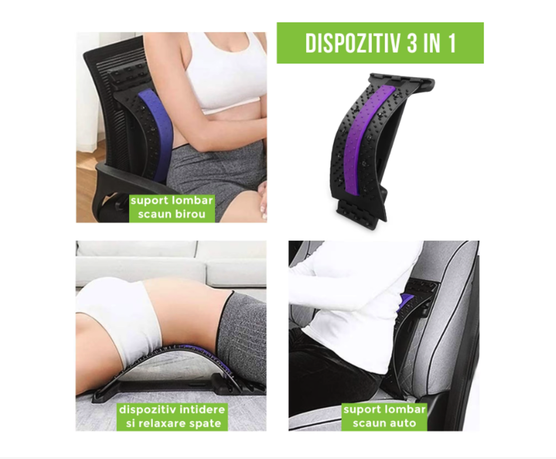 Dispozitiv Ortopedic NEO™ 3in1, pentru Suportul, Intinderea, Masajul si Relaxarea Zonei Lombare, Mov