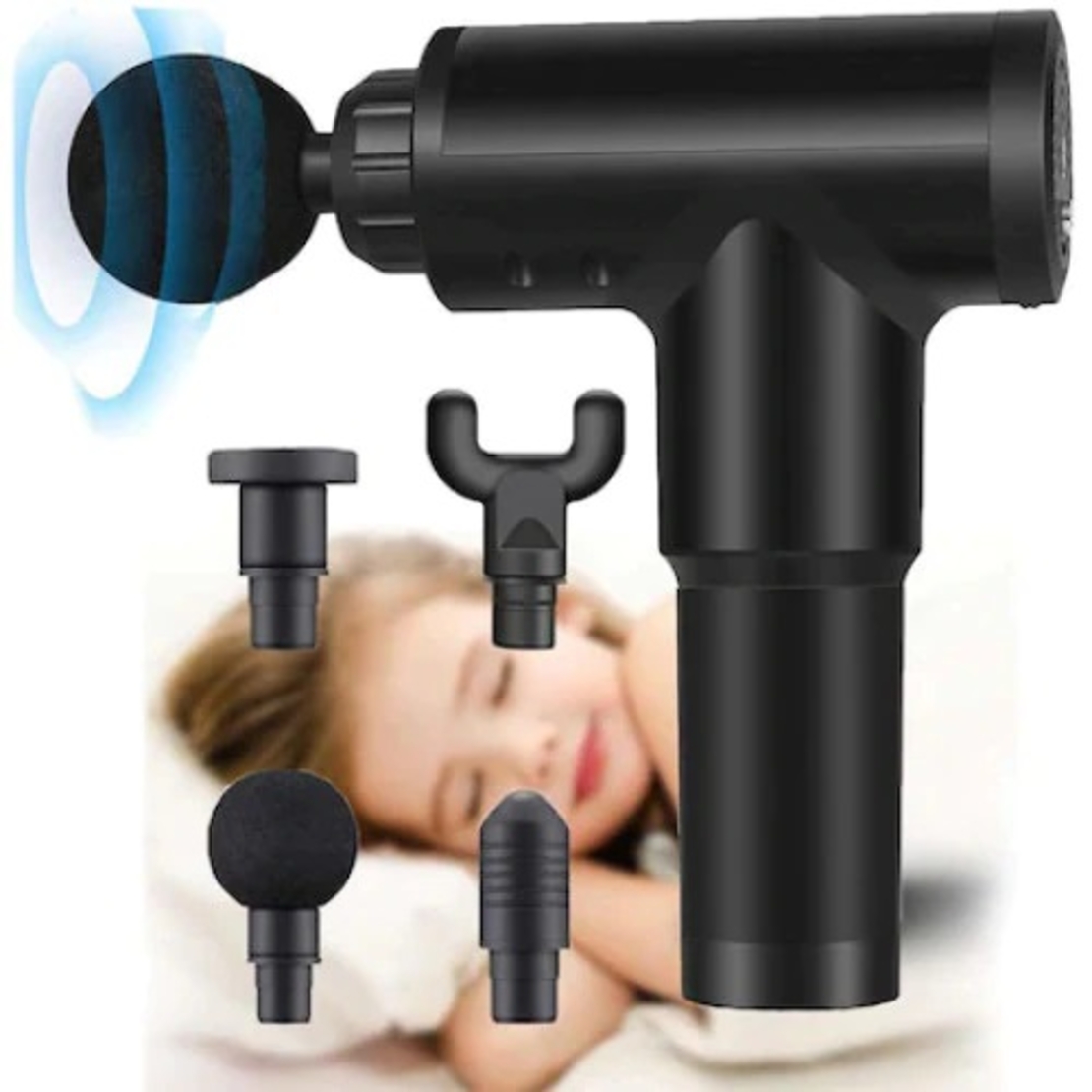 Aparat de Masaj Profesional, cu 4 capete interschimbabile si 6 trepte de intensitate, Neo™ Professional Gun®, pentru dureri musculare, reumatice, anticelulitic, Negru