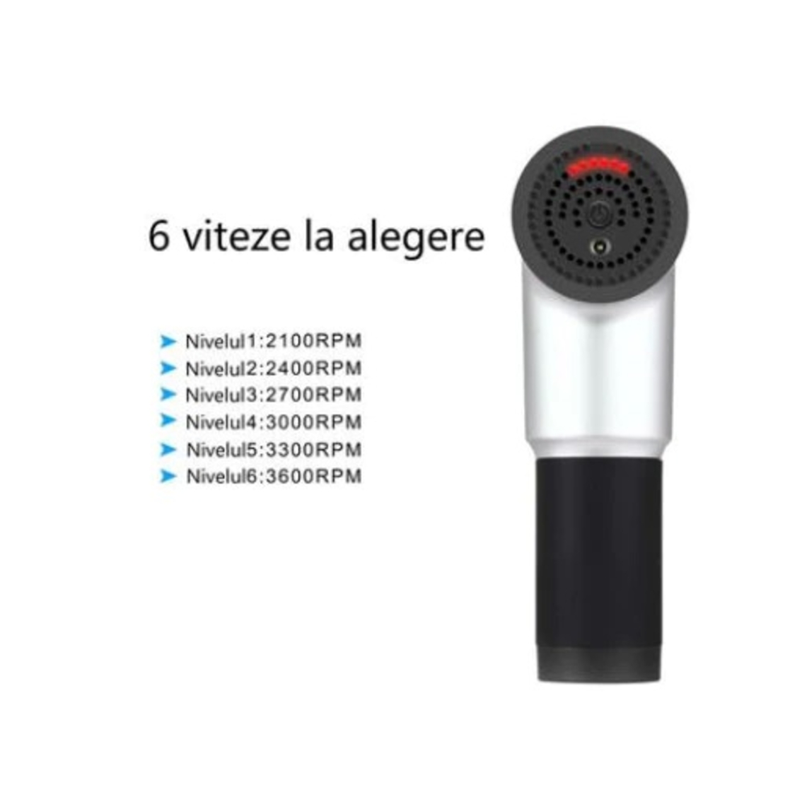 Aparat de Masaj Profesional, cu 4 capete interschimbabile si 6 trepte de intensitate, Neo™ Professional Gun®, pentru dureri musculare, reumatice, anticelulitic, Gri