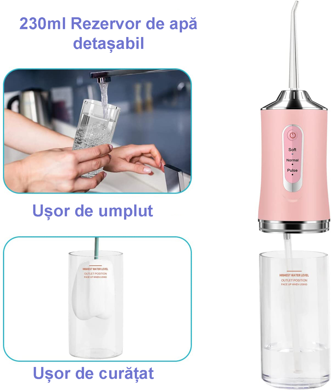 Irigator Bucal Neo™, Fara Fir, 3 moduri, Rezervor 230 ml, 1400-1800 impulsuri/minut, Roz