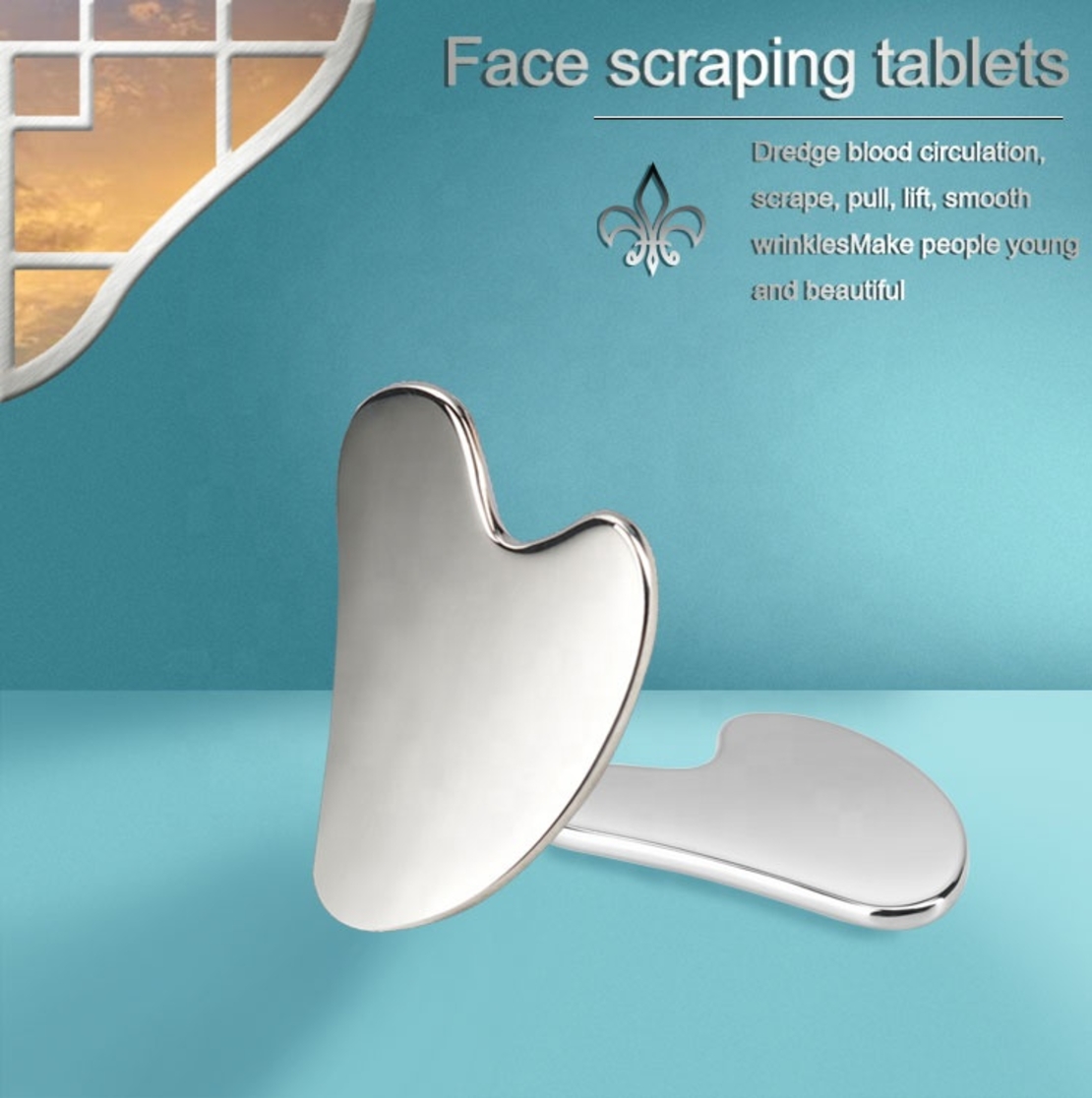 Set Format din Piatra Gua Sha Neo™ metalic, pentru ingrijire faciala prin rejuvenare si reflexologie/masaj facial, otel inoxidabil si Saculet Premium, din velur tip catifea cu snur, negru 13x18 cm