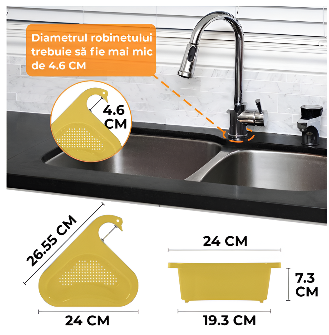 Cosulet de Scurgere Neo™ pentru Chiuveta, Forma de Lebada, Prindere de Baterie, Galben