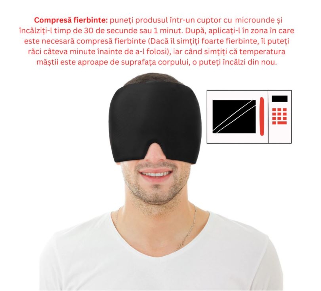 Masca FunDays™ pentru comprese, migrene, dureri de cap, tensiune, terapie rece sau calda, cu gel, marime universala, Negru