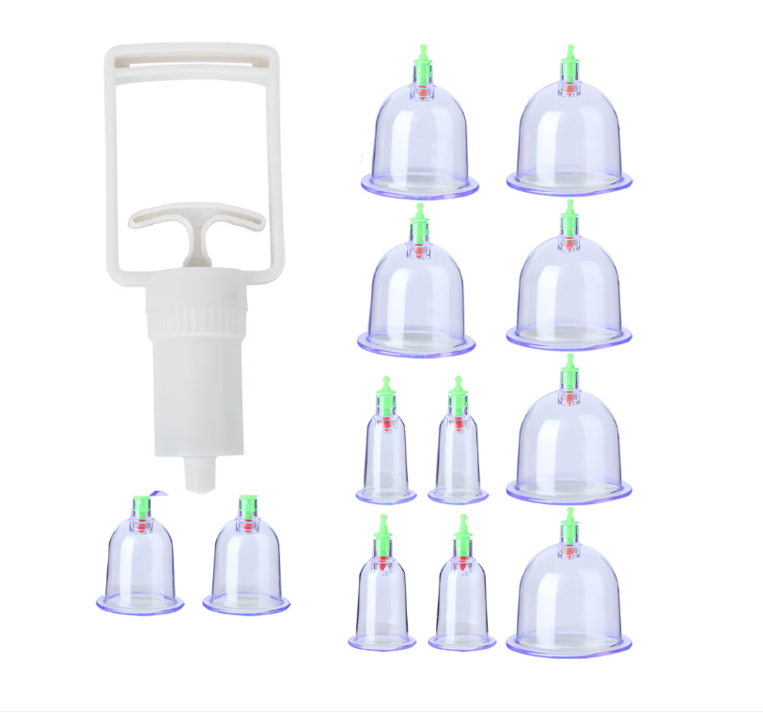 Set de 12 Ventuze Transparente pentru Masaj Terapeutic cu Pompa cu Vacuum, Efecte Anticelulitice, Antistres si Relaxare Musculara, Neo™