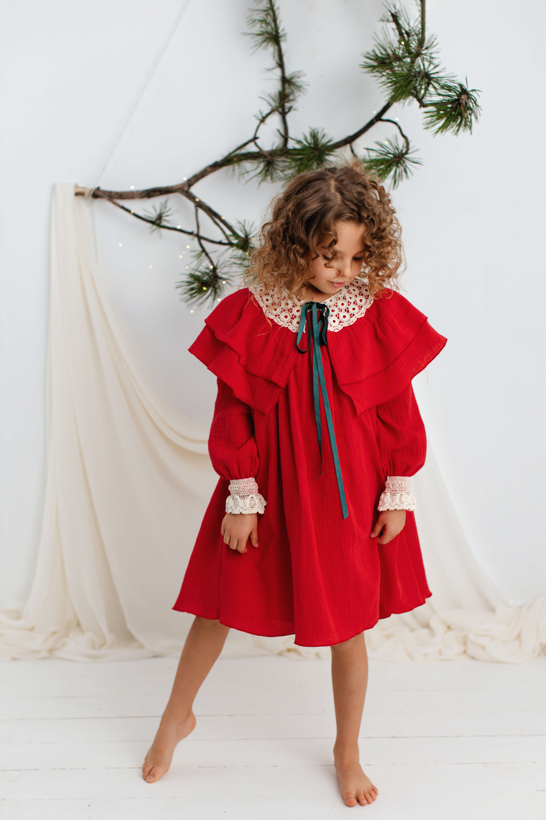 Red long sleeved muslin dress for little girls, model TAISIA