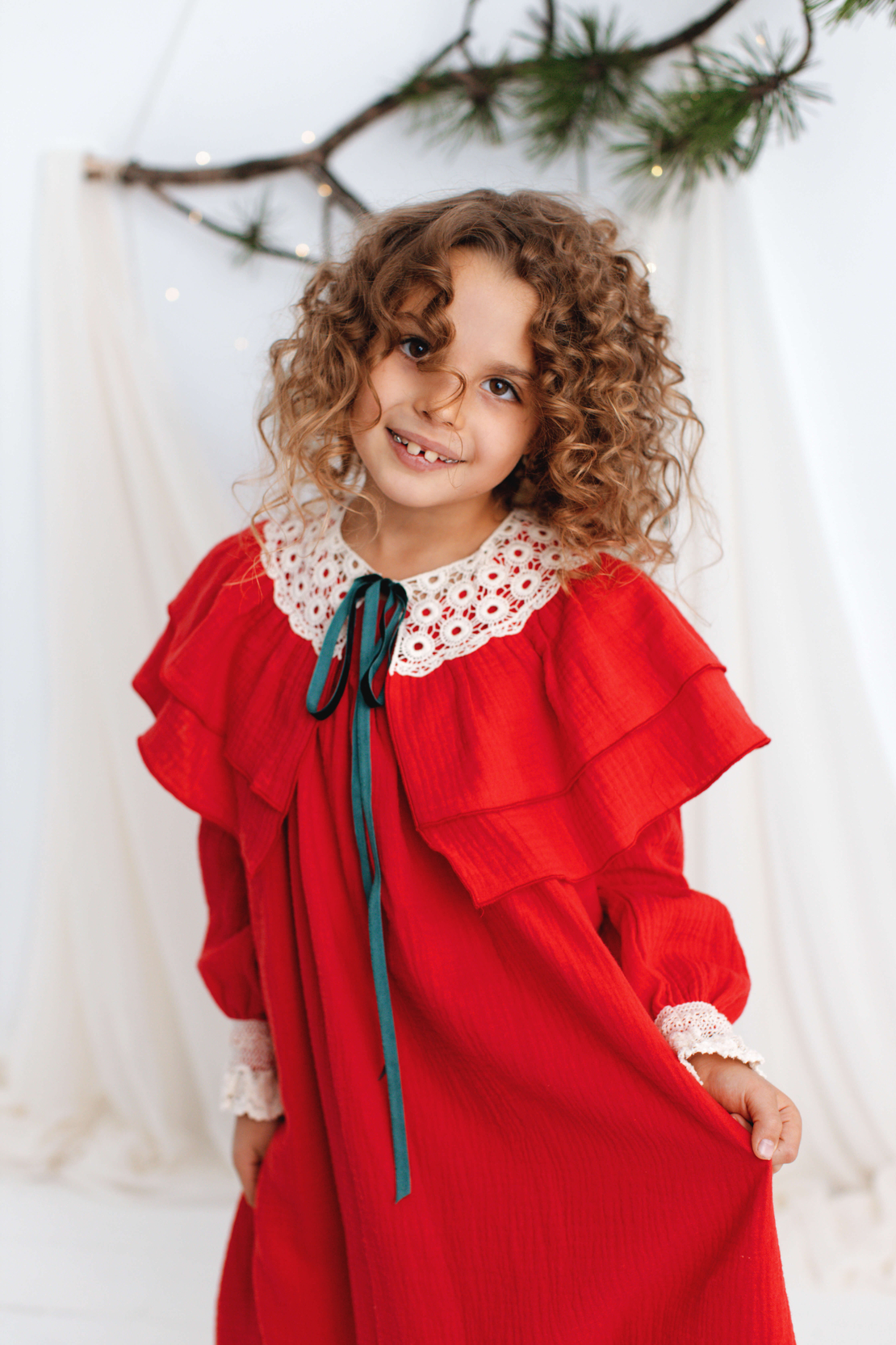Red long sleeved muslin dress for little girls, model TAISIA