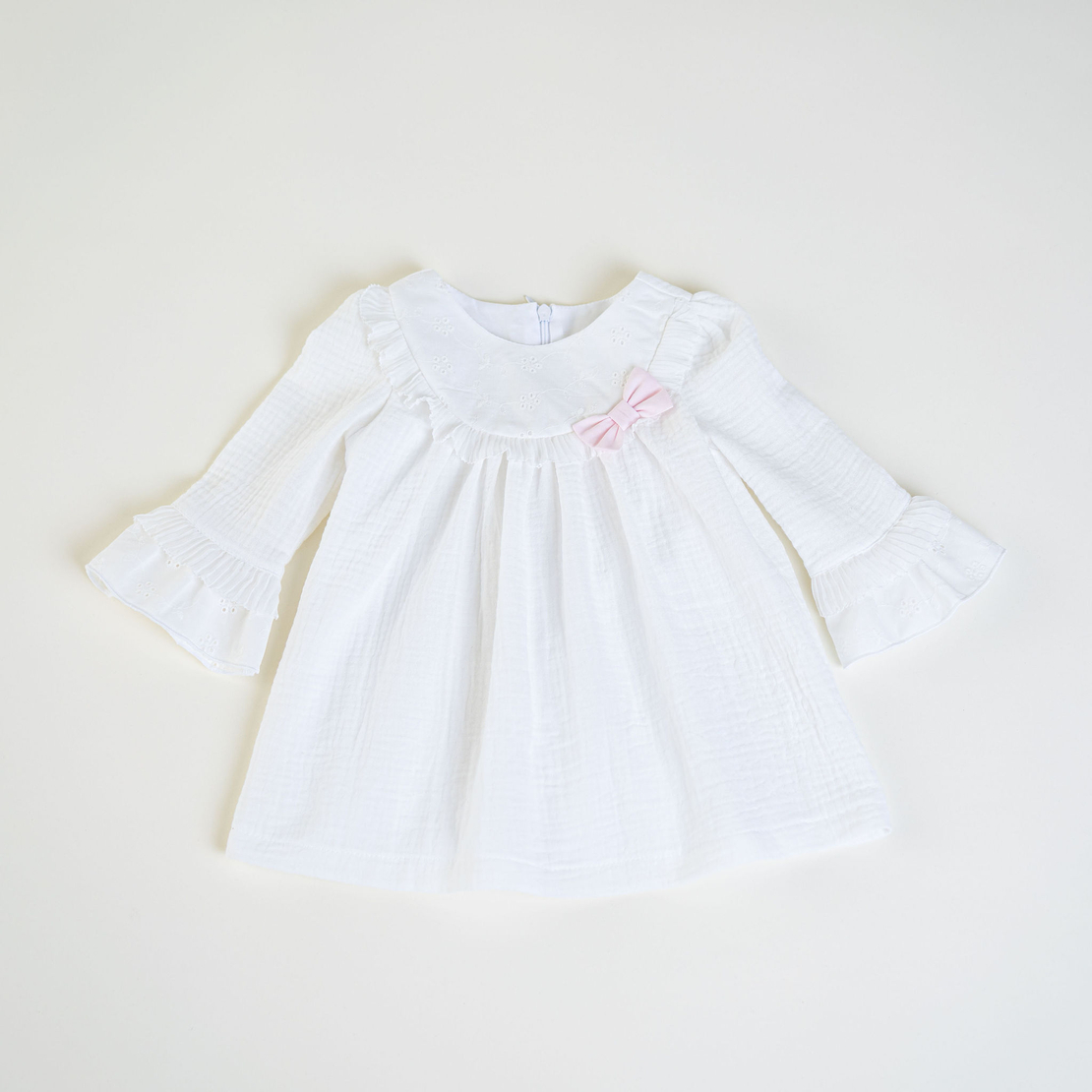 IULIA Muslin Dress with Embroidery & Pink Bow