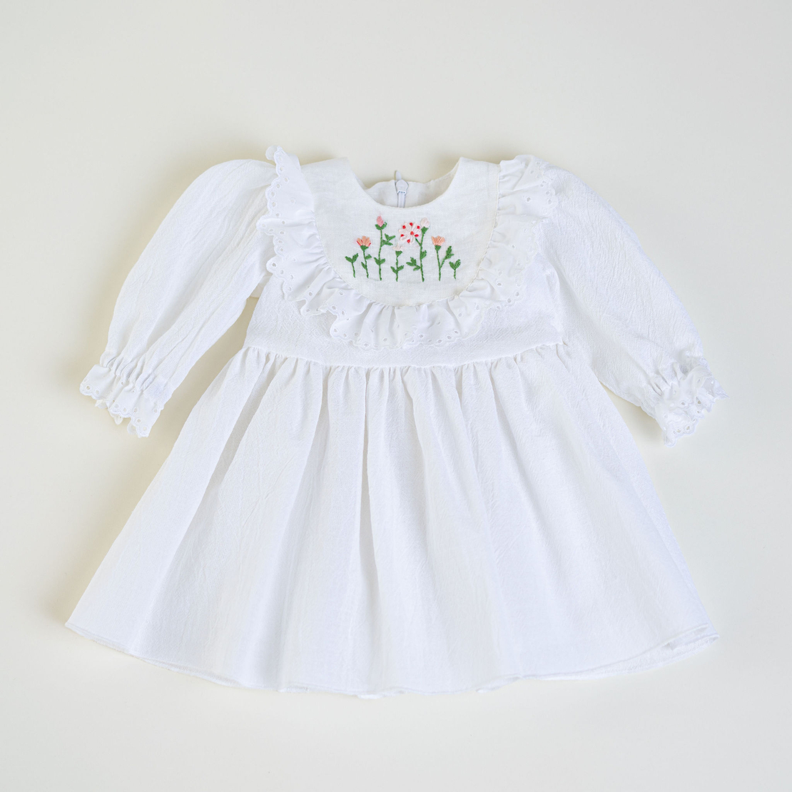 Girls’ Dress in White Traditional Woven Cotton with Floral Embroidery – SPRING Model