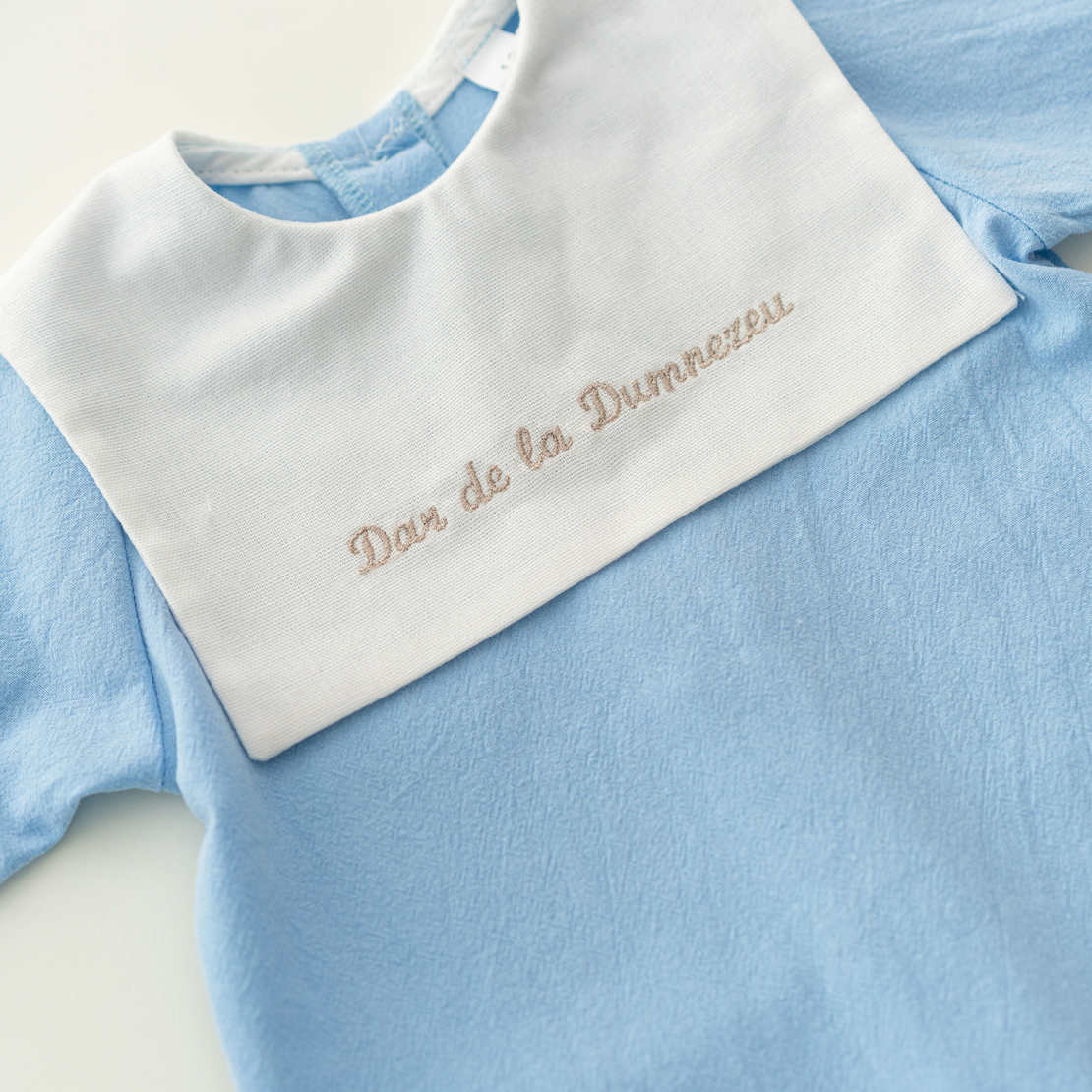 Salopetă „Dar de la Dumnezeu” baby blue din bumbac prespălat