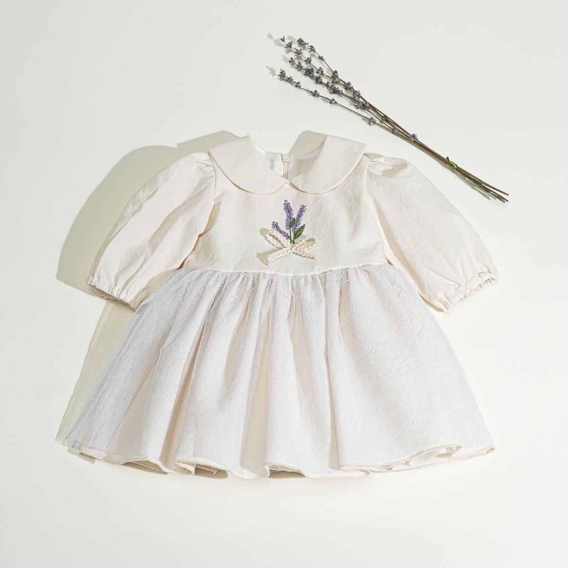 Rochiță botez, din bumbac crem, model LAVANDA