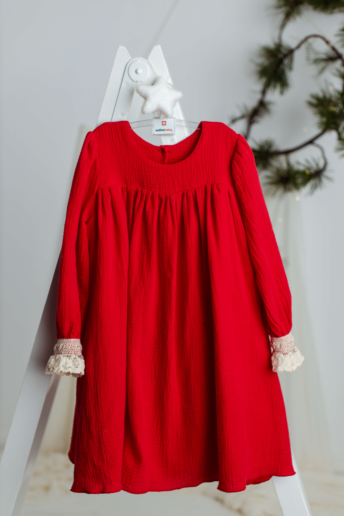 Red long sleeved muslin dress for little girls, model TAISIA