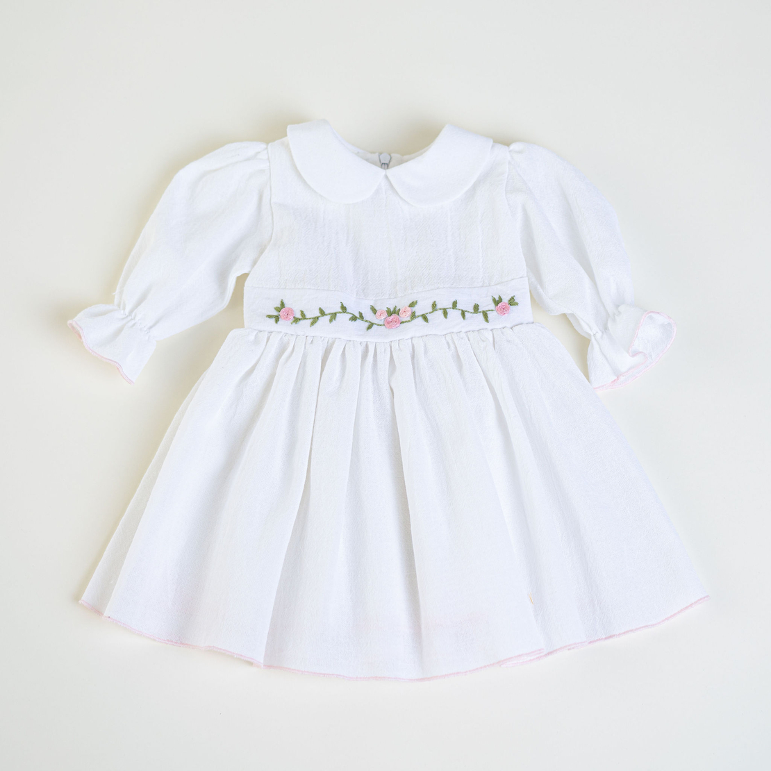 Girls’ White Cotton Dress with Floral Embroidery – ROSE Model