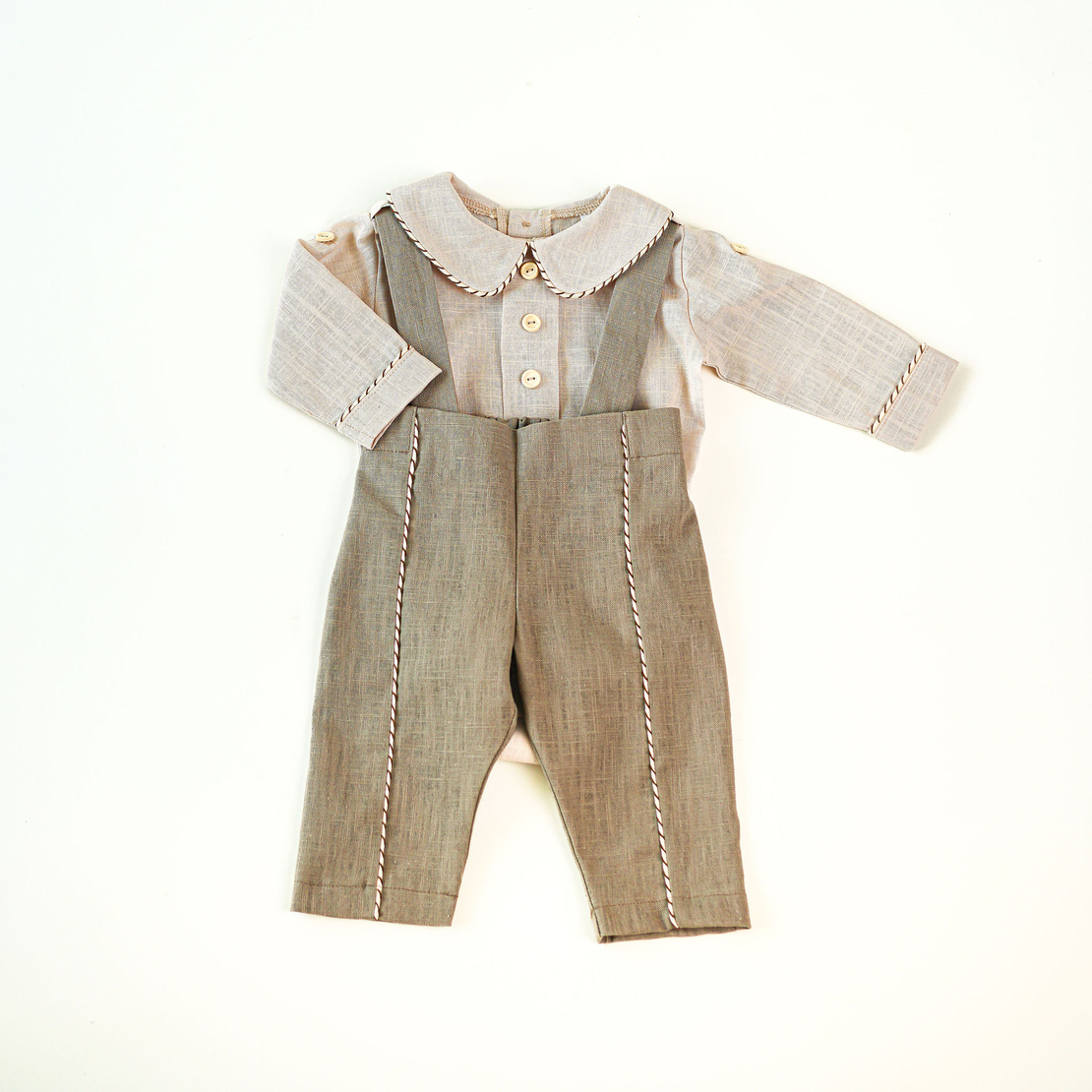 Compleu băiețel din in prespălat maro cu vesta, 0-1 ani, model TEODOR