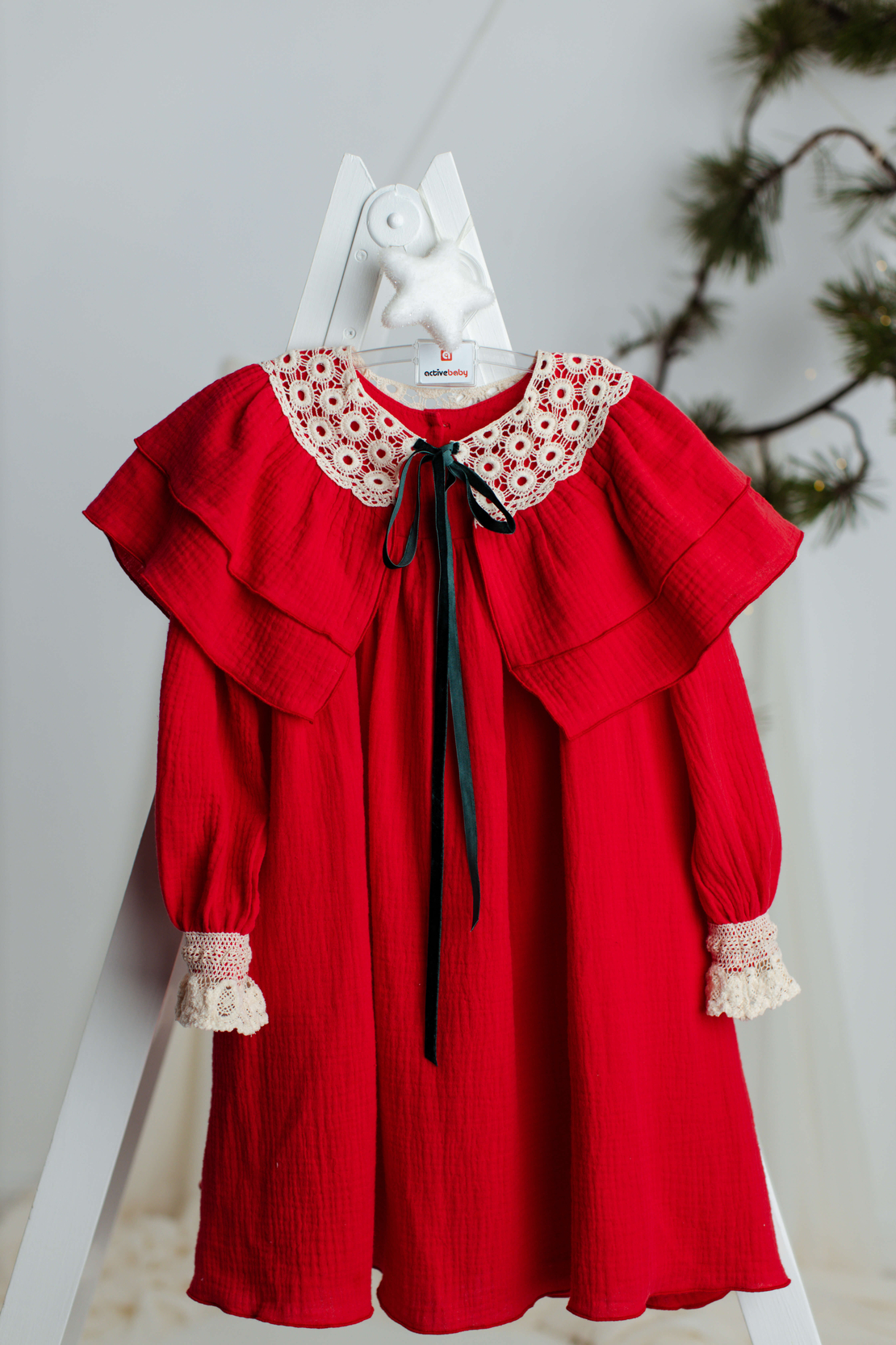 Red long sleeved muslin dress for little girls, model TAISIA