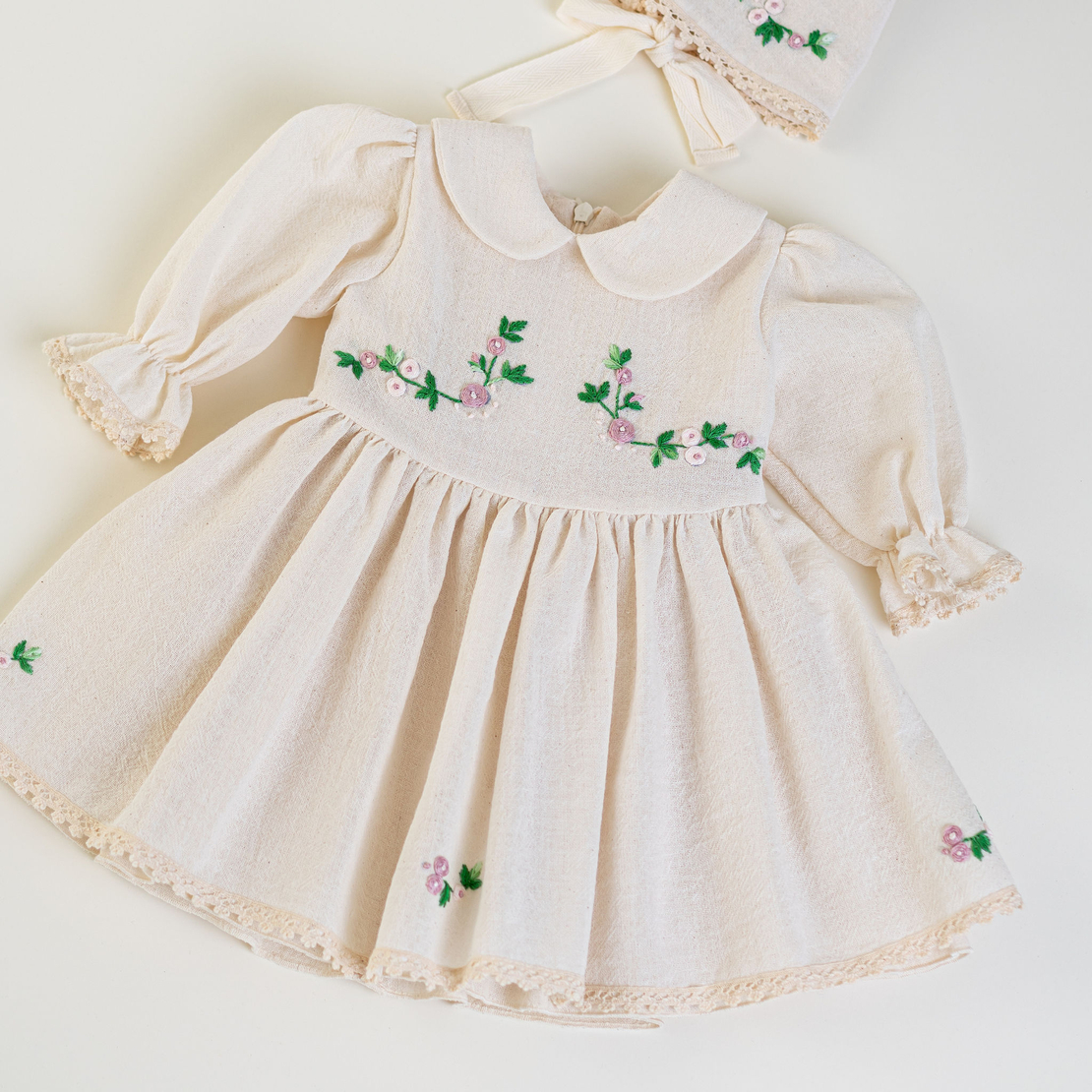 Baby Girl Dress and Cream Bonnet with Hand Embroidery – ZITA Model