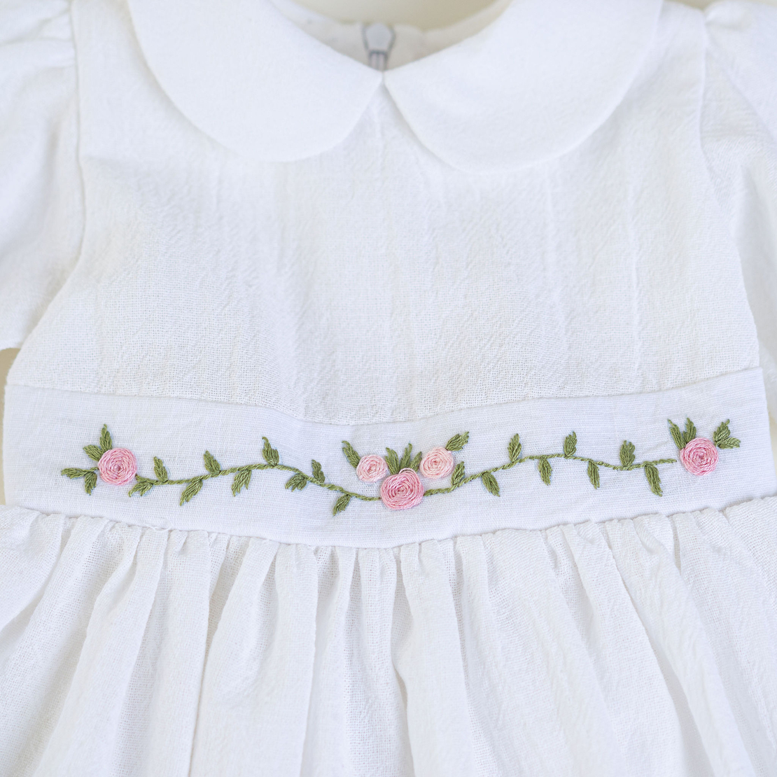Girls’ White Cotton Dress with Floral Embroidery – ROSE Model
