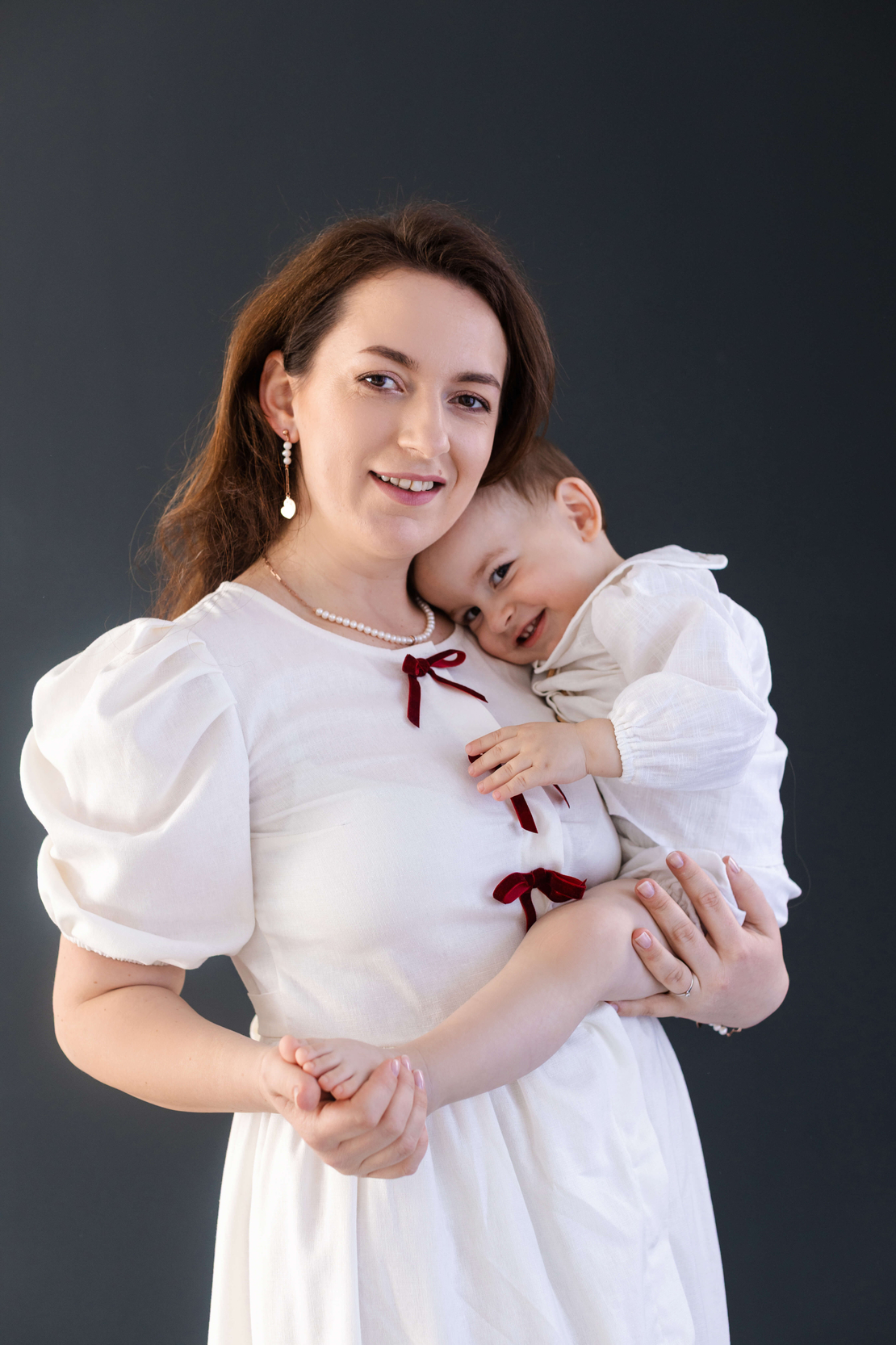 Rochie din in cu fundițe, pentru mămici, model CLARA