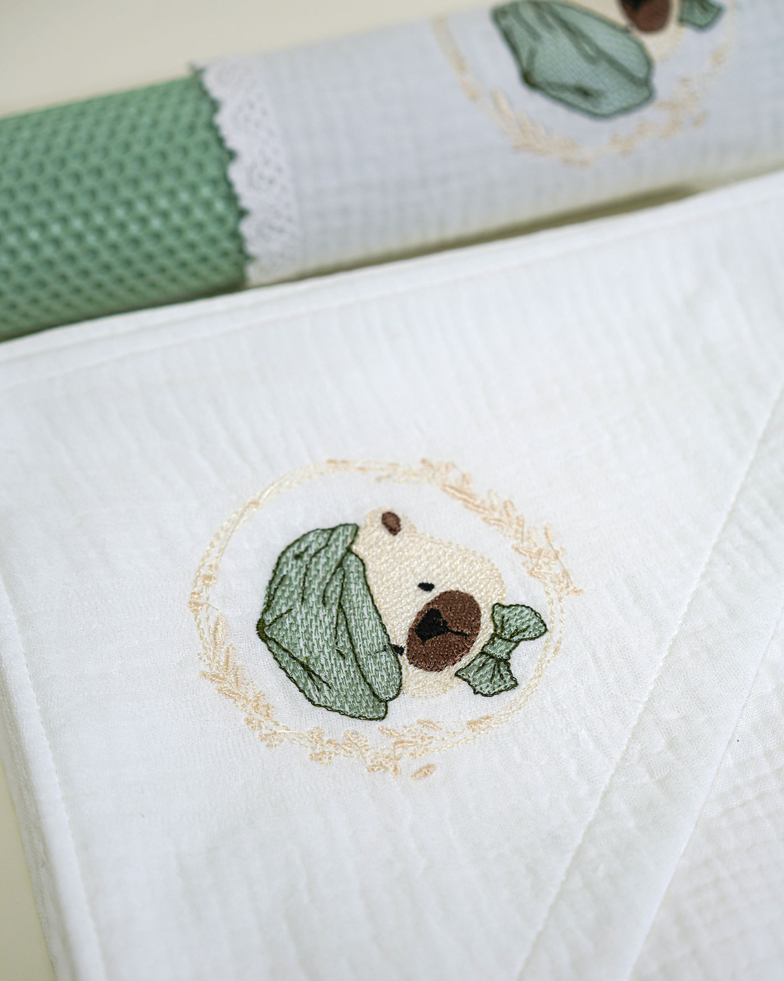 Trusou pentru botez, din muselină alba, cu broderie „Teddy Dreams” mint