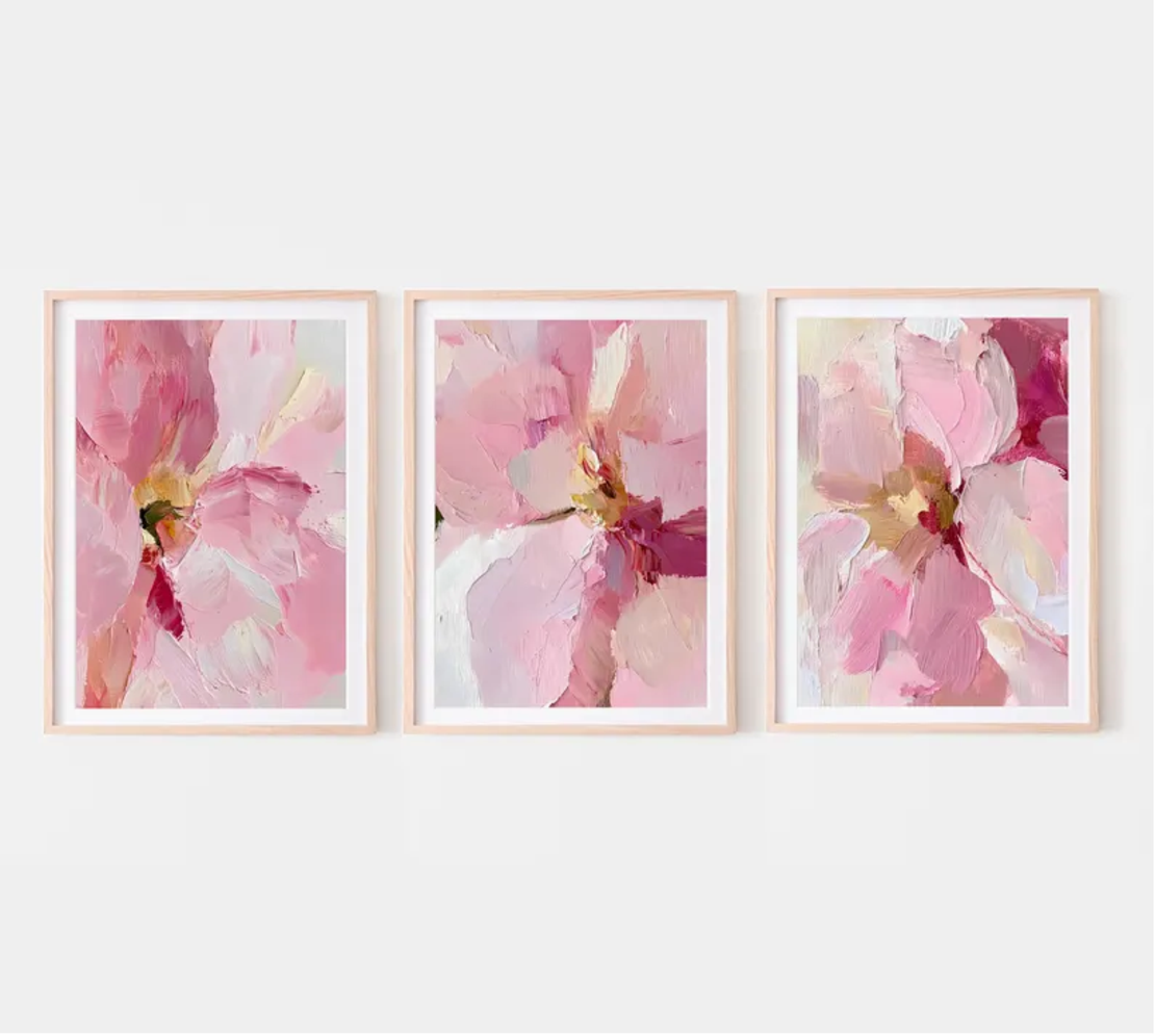 Set 3 tablouri, Ramă Bej, stil abstract cu detalii florale, 30x40 cm