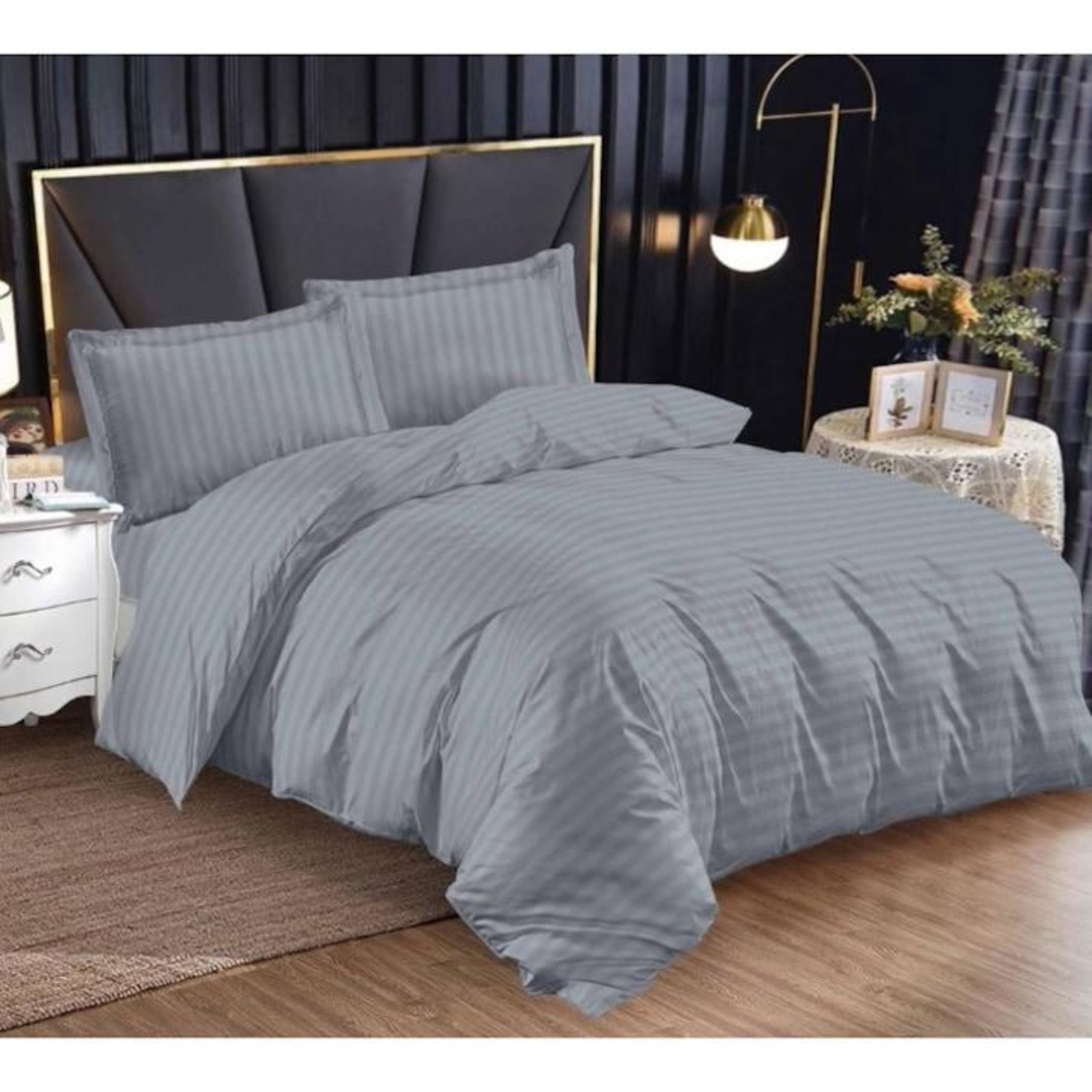 Lenjerie pat, Pucioasa, 4 piese, cearceaf cu elastic, Damasc, gri, 200x230