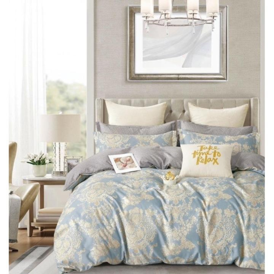 Lenjerie pat dublu, 2 persoane, cearceaf cu elastic, fineţ, 6 piese, model premium