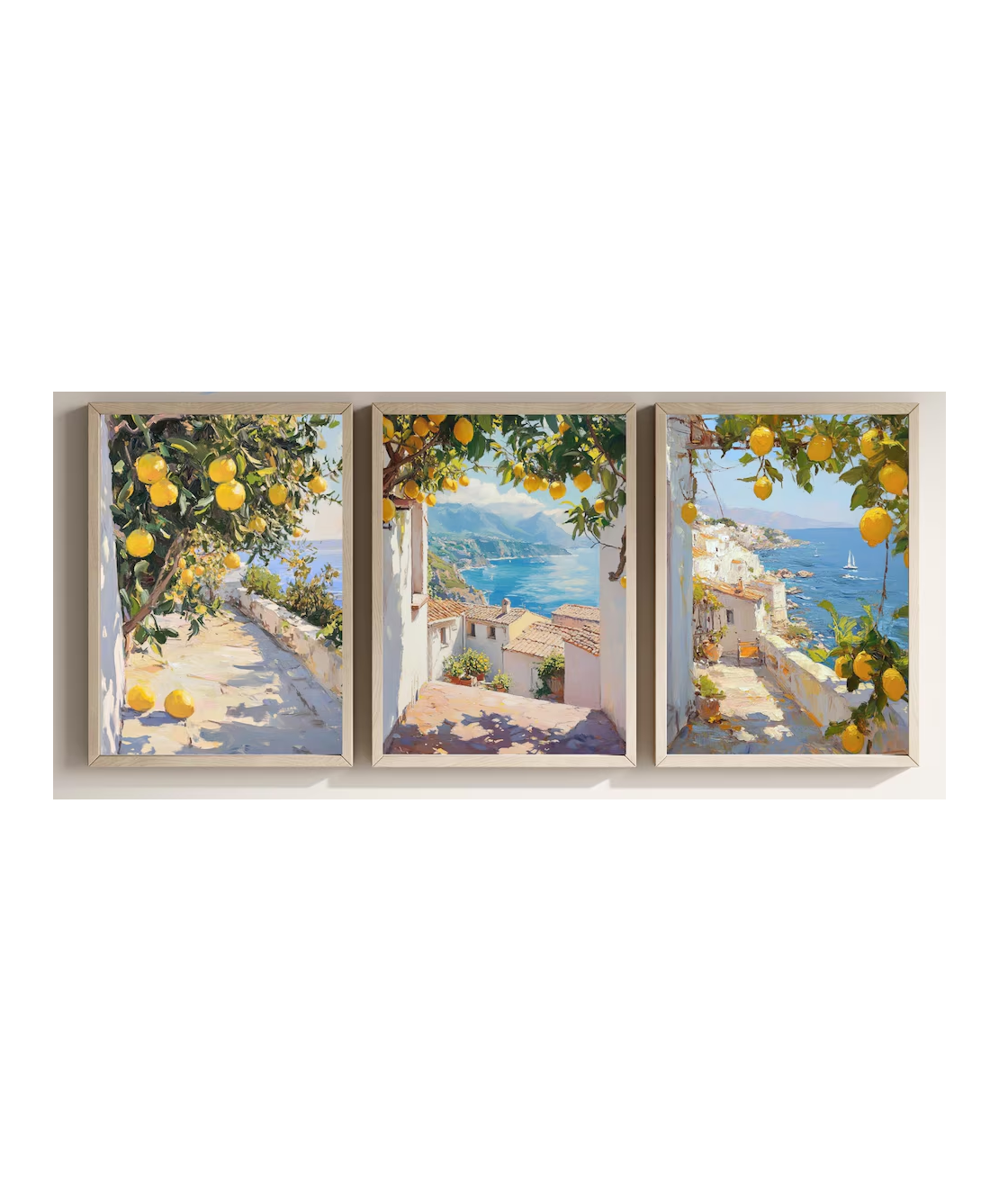 Set 3 tablouri, Ramă Bej,  Model cu peisaj coasta Amalfi şi lămâi, 30x40 cm