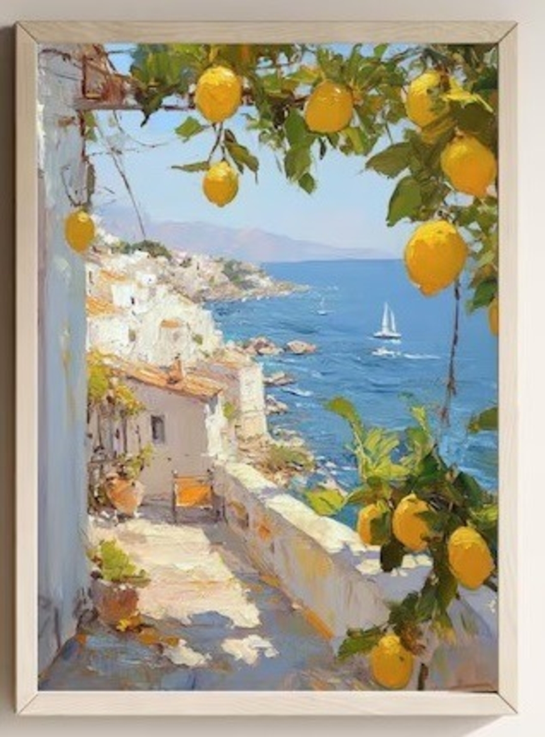 Tablou, Ramă Bej, Model cu peisaj coasta Amalfi şi lămâi, 30x40 cm