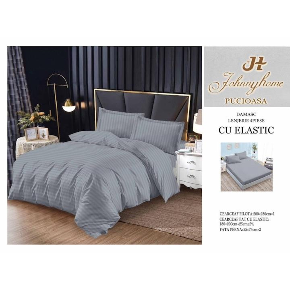 Lenjerie pat, Pucioasa, 4 piese, cearceaf cu elastic, Damasc, gri, 200x230