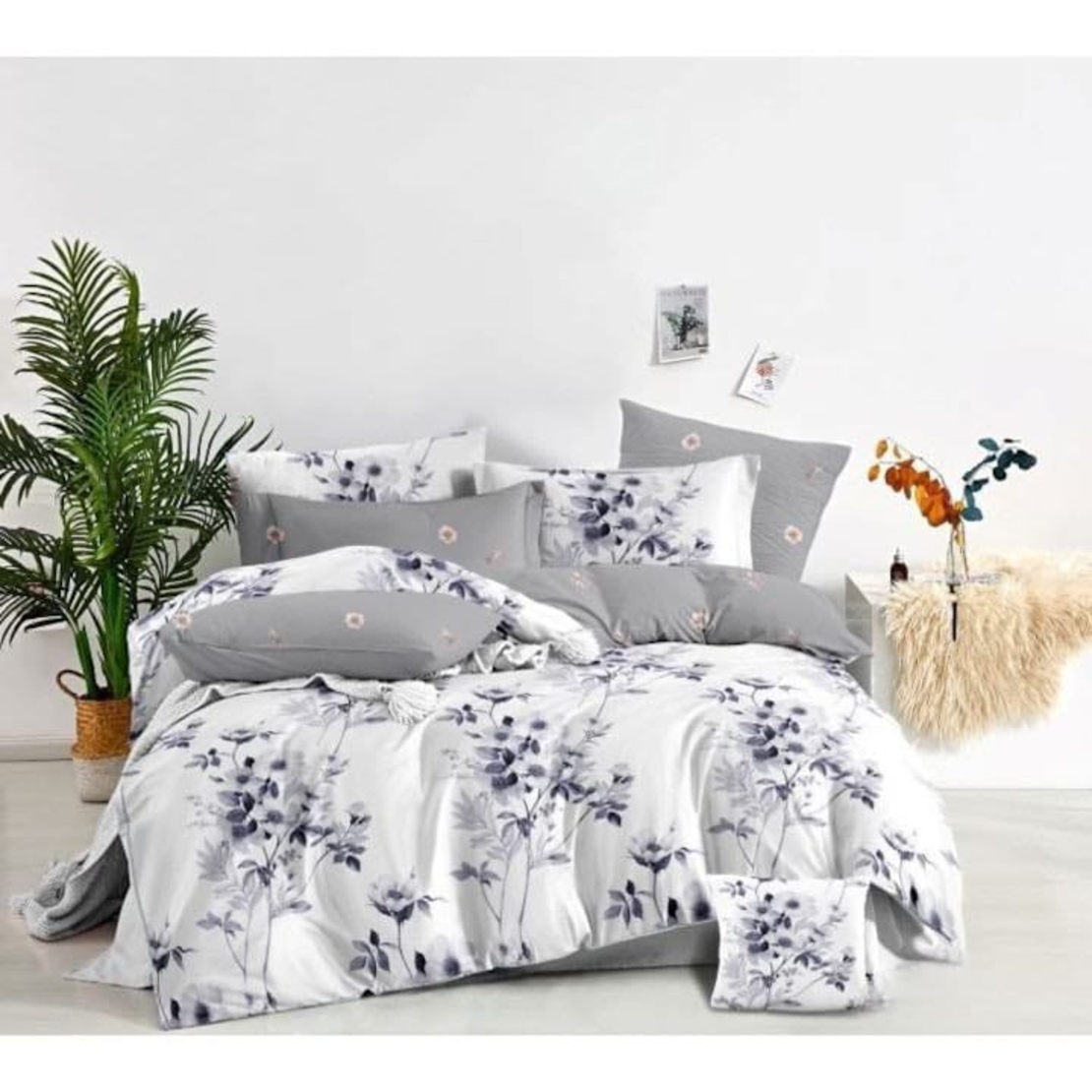 Lenjerie pat dublu, 2 persoane, cearceaf simplu, finet, 6 piese, alb, model floral