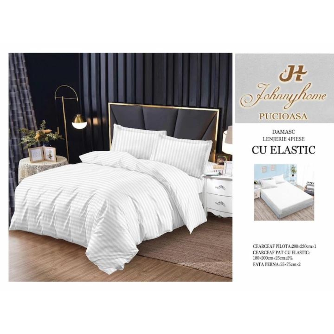 Lenjerie pat, Pucioasa, 4 piese, cearsaf cu elastic, Damasc, alb, 200x230