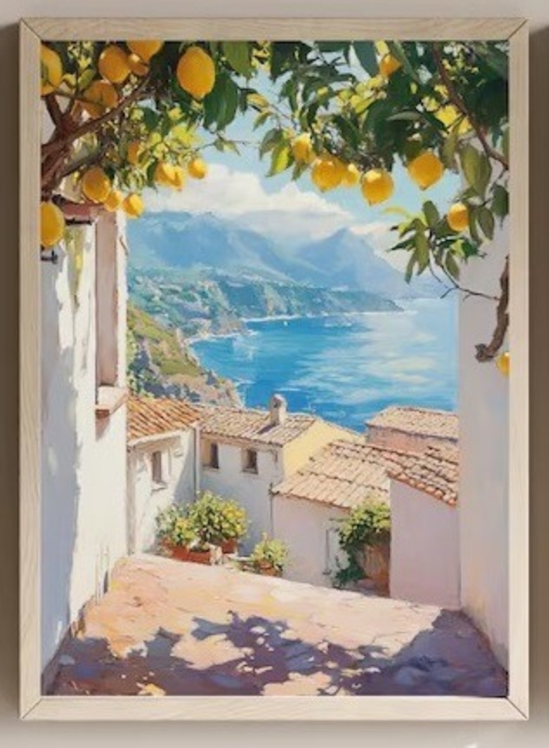 Tablou, Ramă Bej, Model cu vedere la mare, munţi si lămâi, 30x40 cm