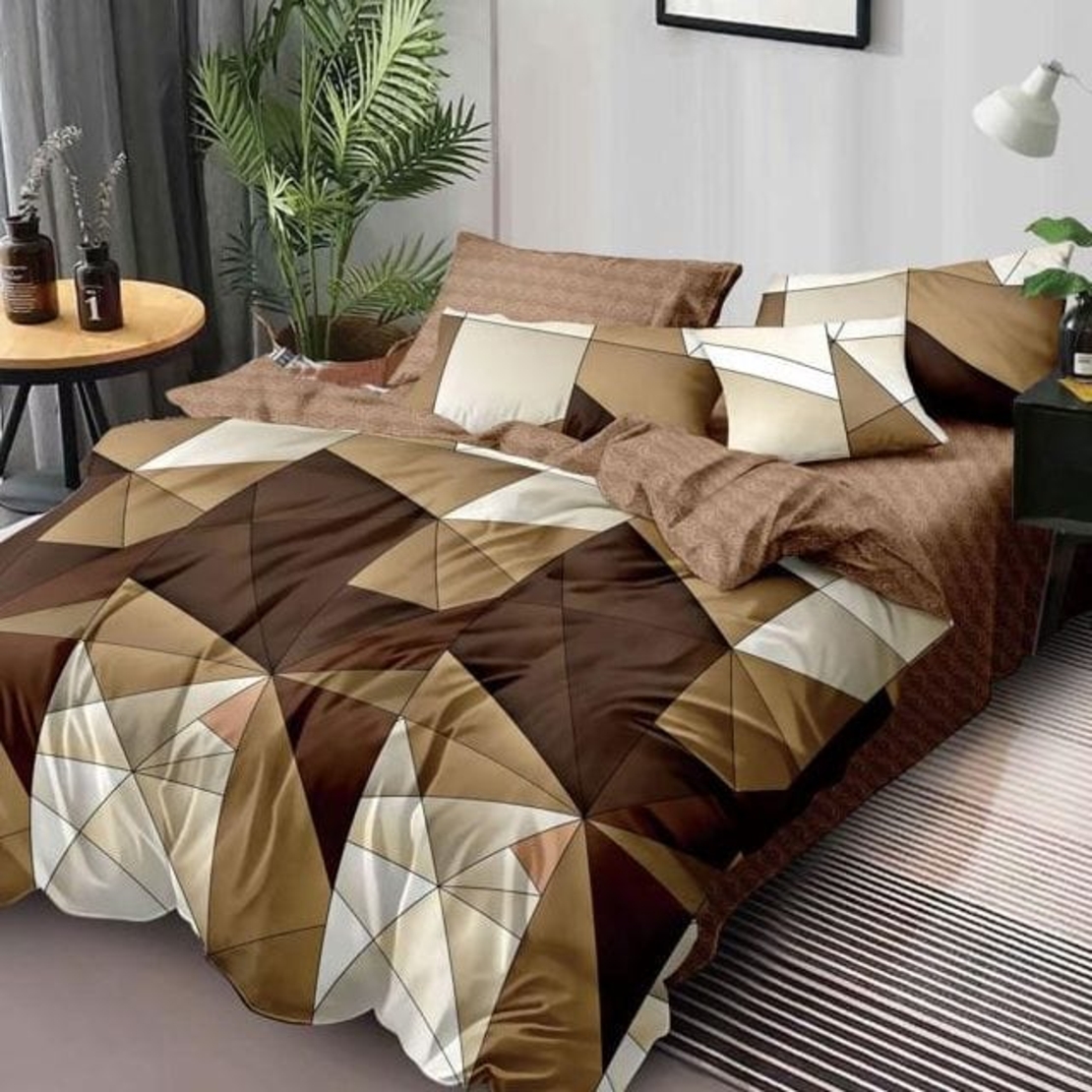 Lenjerie pat dublu, 2 persoane, cearceaf simplu, fineţ, 6 piese, model triunghiuri