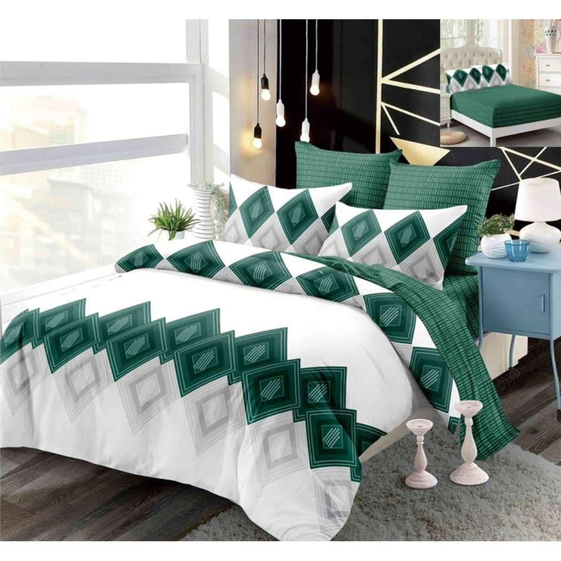 Lenjerie pat dublu, 2 persoane, cearceaf cu elastic, fineţ, 6 piese, model cu alb-verde