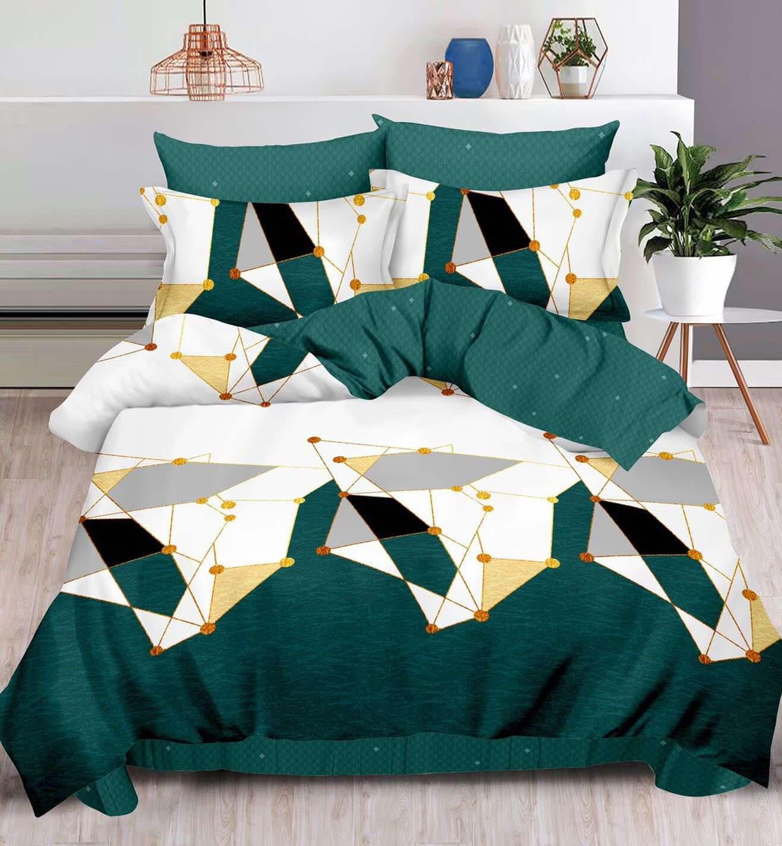 Lenjerie pat dublu, 2 persoane, cearceaf cu elastic, fineţ, 6 piese, alb-verde