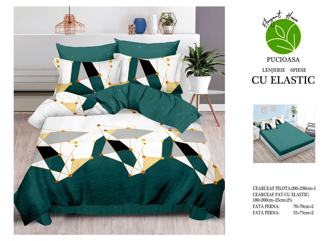 Lenjerie pat dublu, 2 persoane, cearceaf cu elastic, fineţ, 6 piese, alb-verde