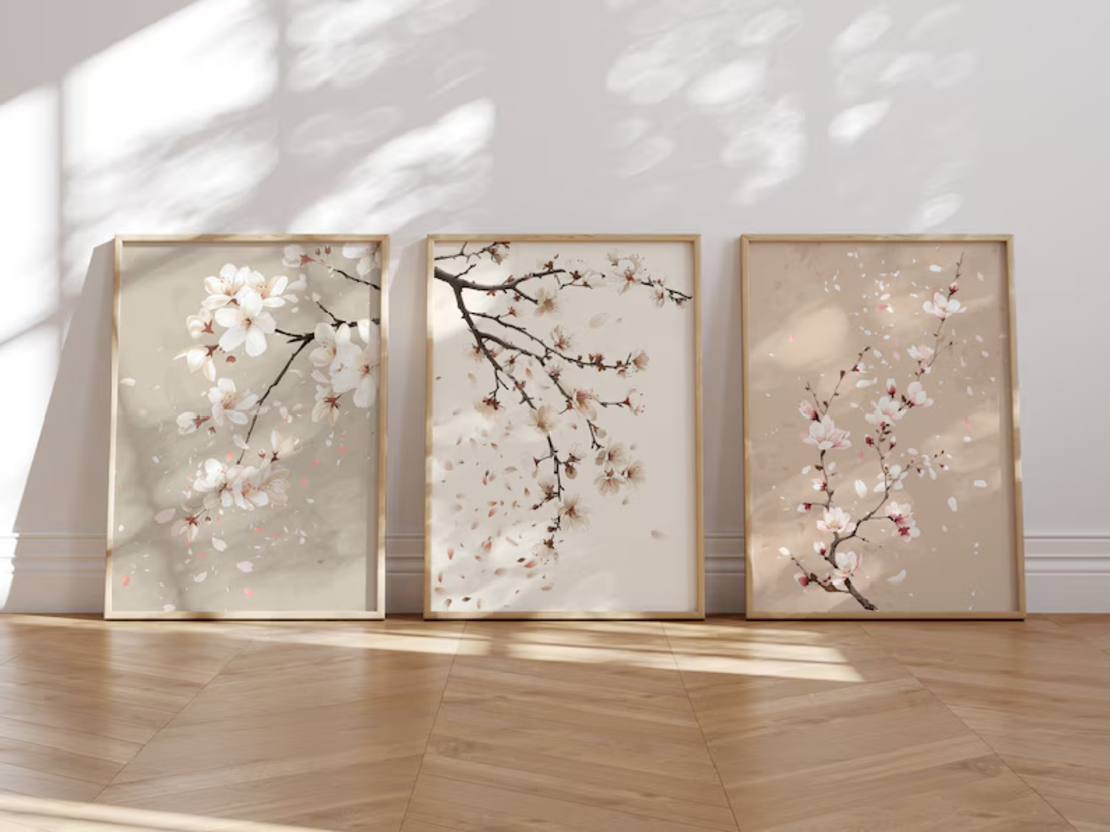 Set 3 tablouri, Ramă Bej, stil japonez, 30x40 cm