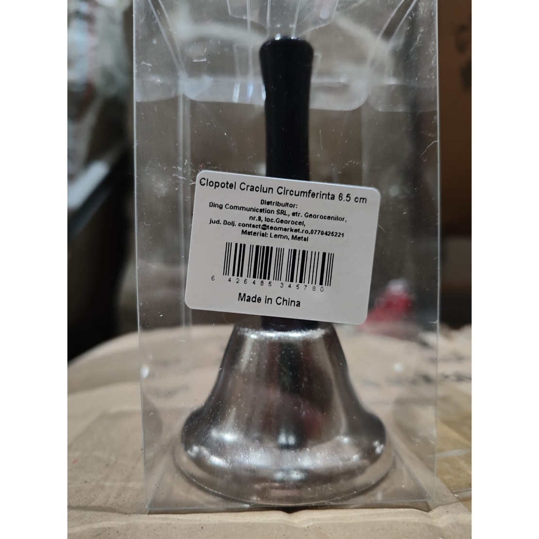 Clopotel de Craciun Metalic, Flippy, Maner din Lemn, Circumferinta 6.5 cm, Lungime 12 cm, Argintiu