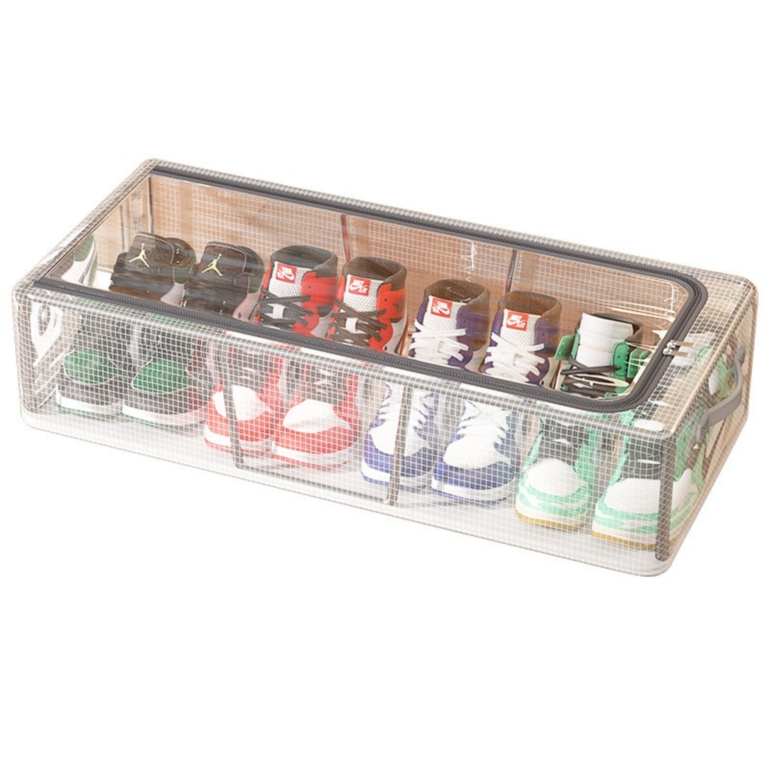 Cutie de Depozitare pentru Pantofi, Flippy, 60*30*21CM , din Plasa PVC Impermeabila si Cadru de Otel, Pliabila, Fermoar Bidirectional, Transparenta