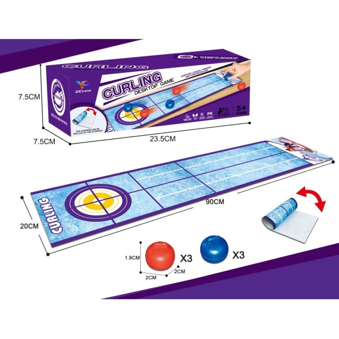 Joc Interactiv, Flippy, Covor de Curling 90 x 20 cm, 1-4 Jucatori, +5 Ani, 6 Mingi Incluse, Albastru