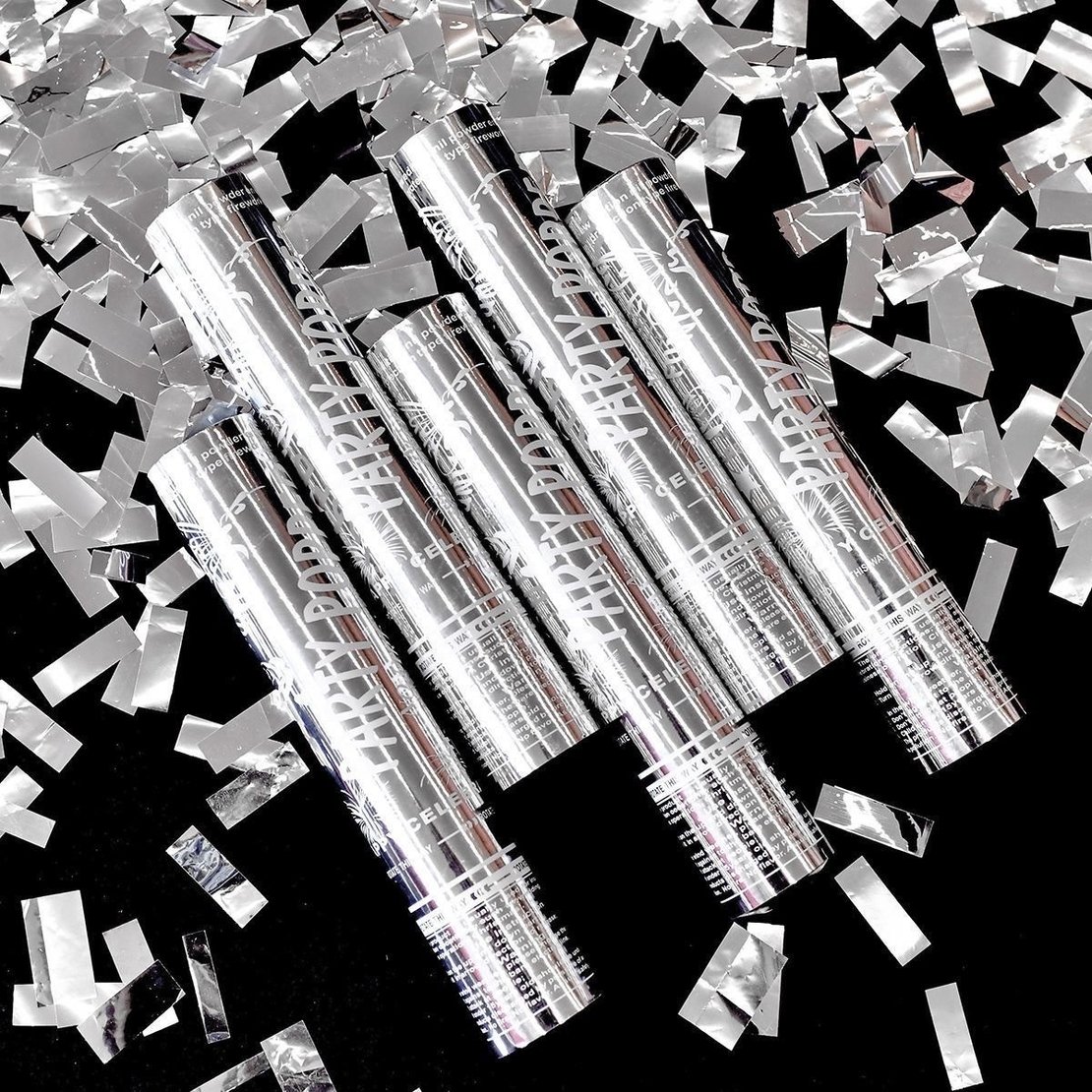 Tub de Confetti, Flippy, Party Popper, 30x5 cm, Confetii Lucioase Rezistente la Foc, Eliberare prin Rasucire, Argintiu