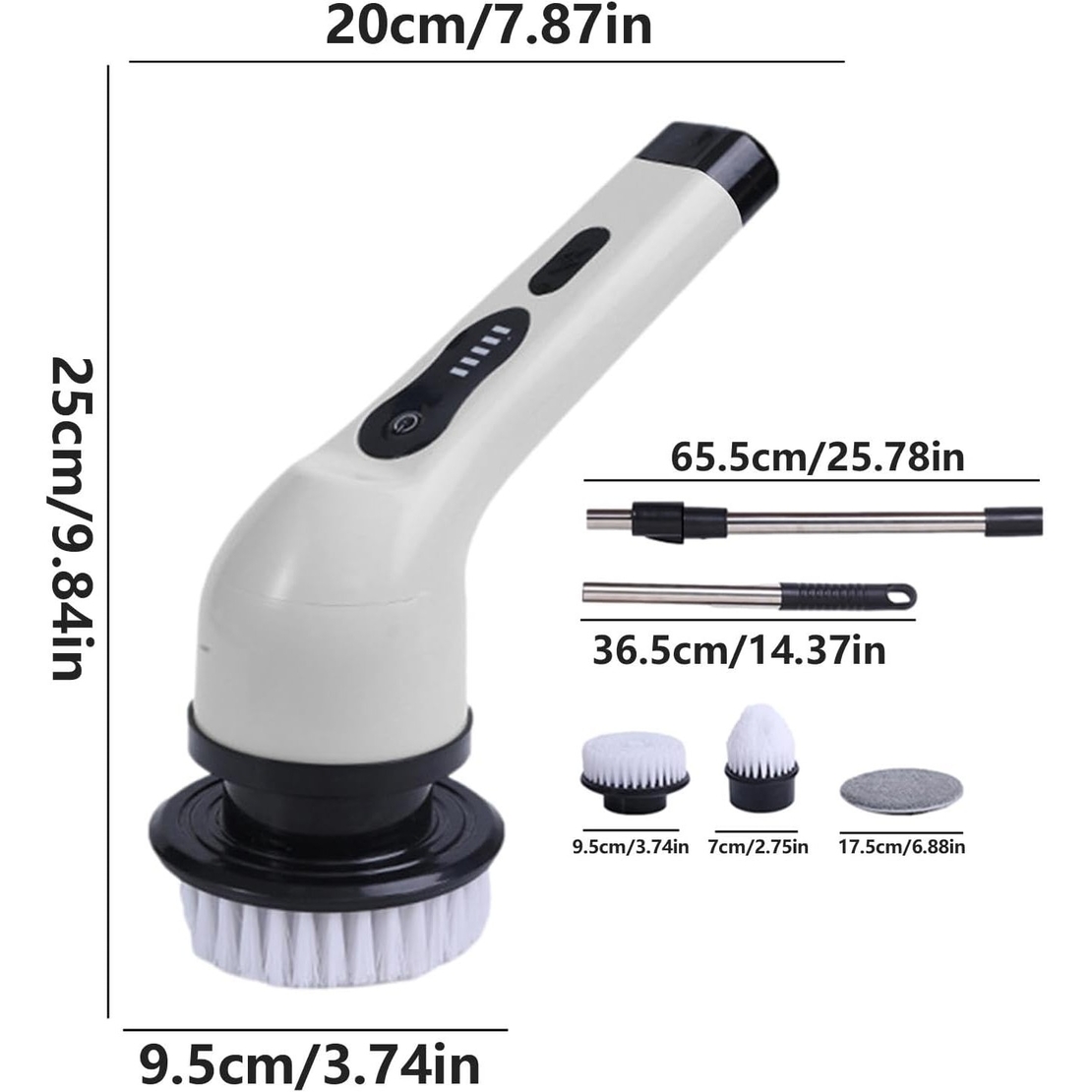 Perie Electrica de Curatare, Flippy, pentru Gresie, Baie, Bucatarie, 25x20x9.5 cm, cu 9 Capete, Maner Extensibil Detasabil 84-127cm, Incarcare USB-Type C, Rotire 360 de Grade, 3000 mAh, Culoare: Alb