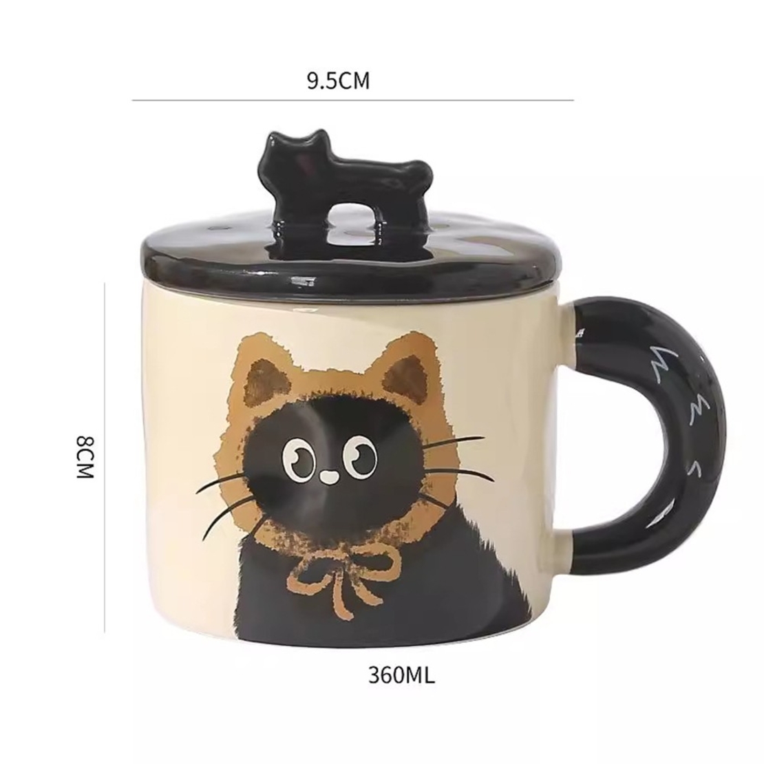 Cana din Ceramica, Flippy, Model in Cutie pentru Cadou, Cana pentru Ceai, Cafea, Cana Retro Design Capac cu Figurina 3D, 9.5 x 8 x 8 cm, 360 ml, Bej, Print Pisica Maro Negru