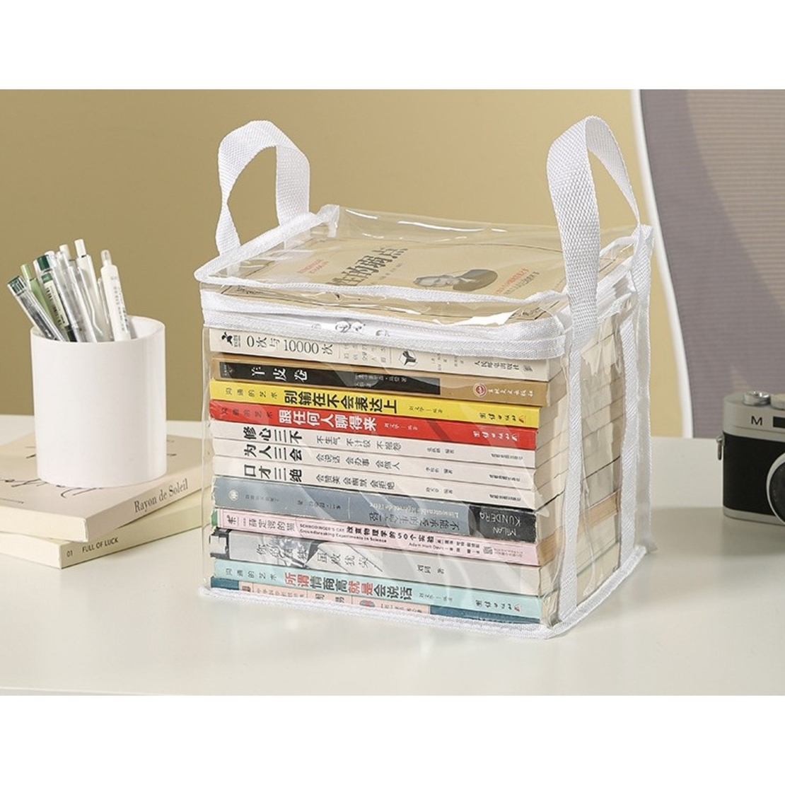 Cutie de Depozitare, Flippy, din PVC+Textil, Rezistenta la Apa, Geanta pentru Carti, 23x17x28 cm, Transparent-Alb