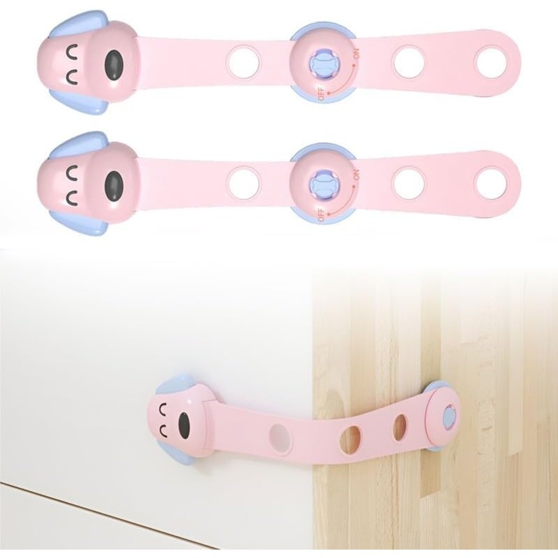 Siguranta pentru Usi Copii, Flippy, Sistem de Blocare Sertare, Dulap, Frigider, Adeziv, cu Sistem de Inchidere Dublu, Model Catelus, Roz