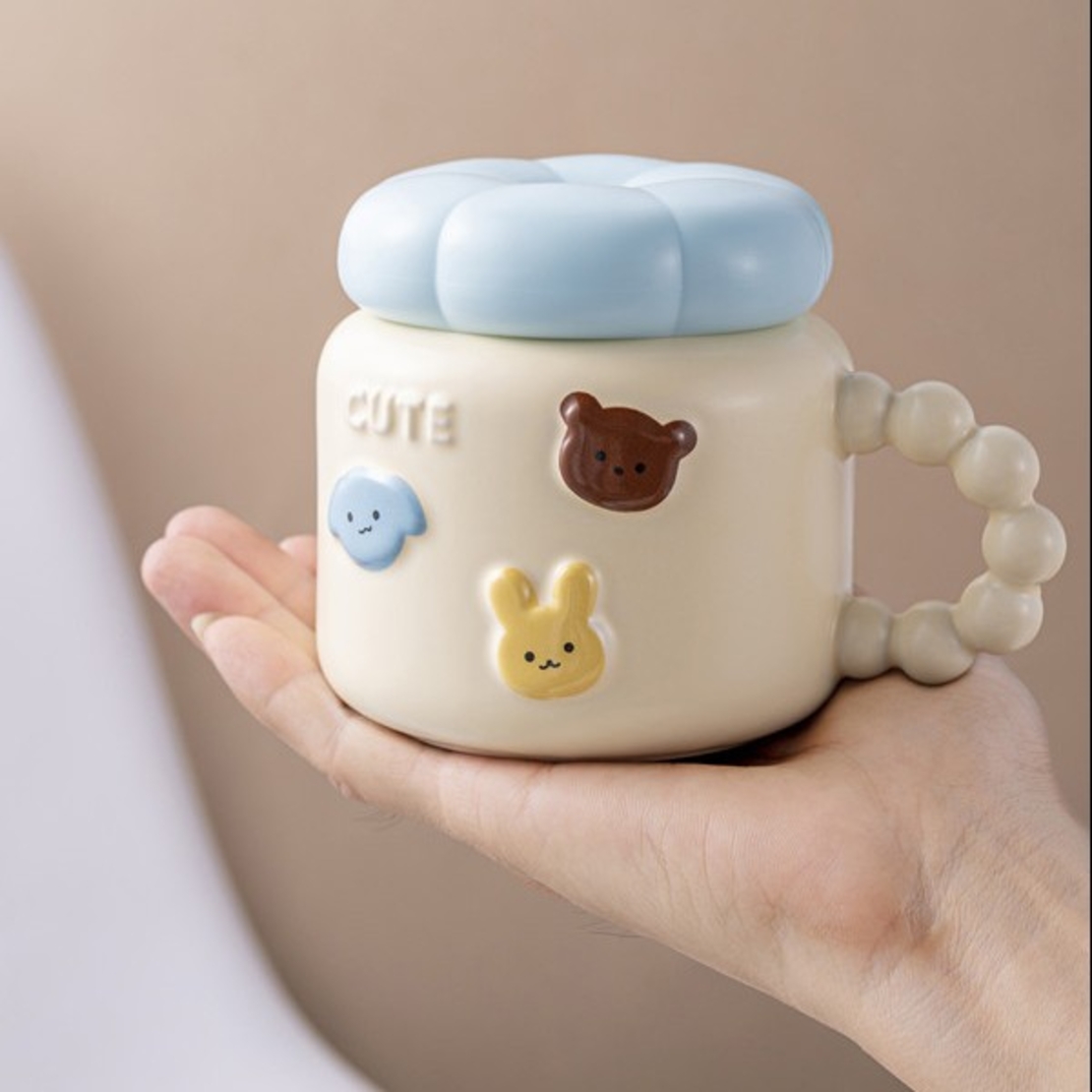 Cana pentru Copii, Flippy, din Portelan, print Figurine Animalute, Model CUTE, Cana cu Capac, Ceasca pentru Cafea, Ceai, 400ml Galben deschis