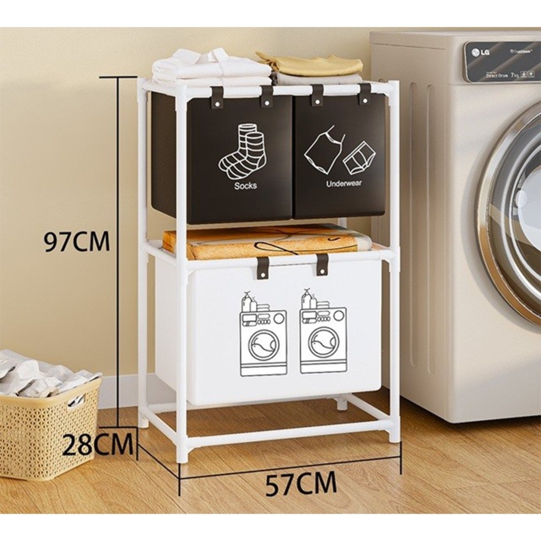 Cos de Rufe, Flippy, cu 2 Etaje, Flippy, 3 Cosuri, Cadru de Otel Inoxidabil, 97x28x57 cm, Alb