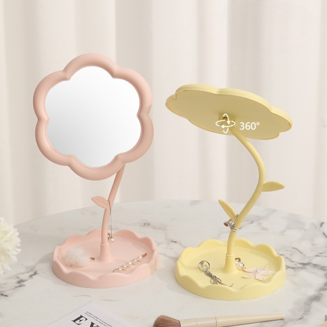 Oglindă de Machiaj pentru Birou, Flippy, Rotativă, Detasabilă, Model de Floarea Soarelui, Suport pentru Inele, cu Depozitare, Galbena