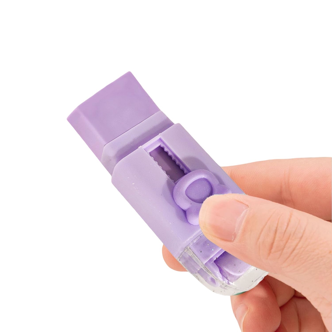 Radiera Retractabila, Flippy, Model Ursulet, Reglare Push-Pull, Radiera de tip Push, Doua Radiere de Rezerva in set din Cauciuc, Mov